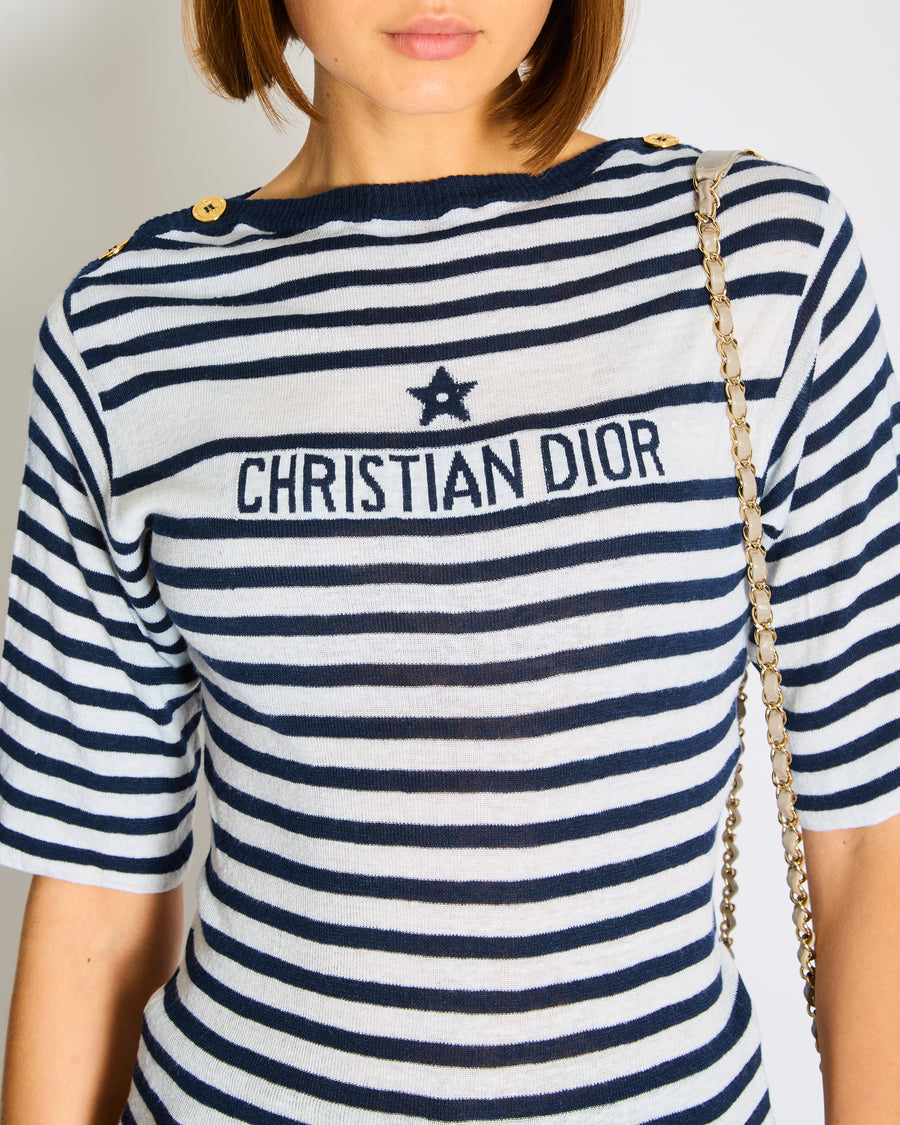 Christian Dior Navy Striped Logo Short Sleeve T-Shirt with Logo Button Detail Size FR 36 (UK 8)
