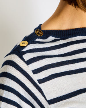 Christian Dior Navy Striped Logo Short Sleeve T-Shirt with Logo Button Detail Size FR 36 (UK 8)