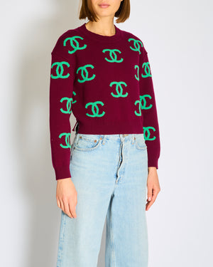 Chanel 21/P Burgundy Cashmere Sweater with Green CC Logo Detail Size FR 36 (UK 8)