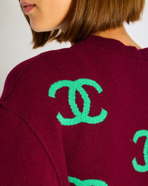 Chanel 21/P Burgundy Cashmere Sweater with Green CC Logo Detail Size FR 36 (UK 8)