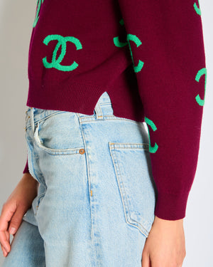 Chanel 21/P Burgundy Cashmere Sweater with Green CC Logo Detail Size FR 36 (UK 8)