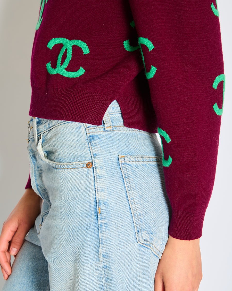 Chanel 21/P Burgundy Cashmere Sweater with Green CC Logo Detail Size FR 36 (UK 8)