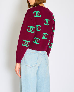 Chanel 21/P Burgundy Cashmere Sweater with Green CC Logo Detail Size FR 36 (UK 8)