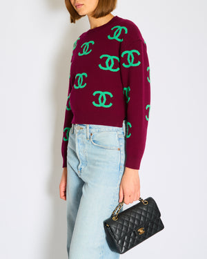 Chanel 21/P Burgundy Cashmere Sweater with Green CC Logo Detail Size FR 36 (UK 8)