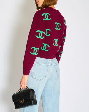 Chanel 21/P Burgundy Cashmere Sweater with Green CC Logo Detail Size FR 36 (UK 8)