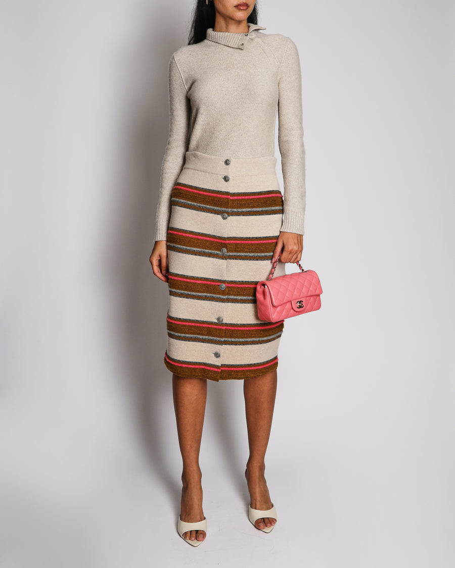 Chanel Pre-Fall 2014 Dallas Beige, Brown and Pink Cashmere Midi Skirt with Silver Star Buttons Size FR 36 (UK 8)