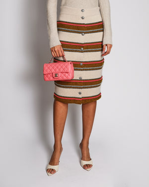 Chanel Pre-Fall 2014 Dallas Beige, Brown and Pink Cashmere Midi Skirt with Silver Star Buttons Size FR 36 (UK 8)