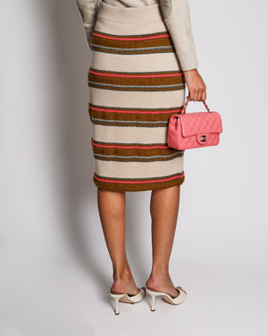 Chanel Pre-Fall 2014 Dallas Beige, Brown and Pink Cashmere Midi Skirt with Silver Star Buttons Size FR 36 (UK 8)