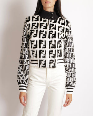 Fendi Black and White Logo Print Jacket with Mink Fur Front Insert and Black Logo Buttons Size IT 42 (UK 10) RRP £6,500