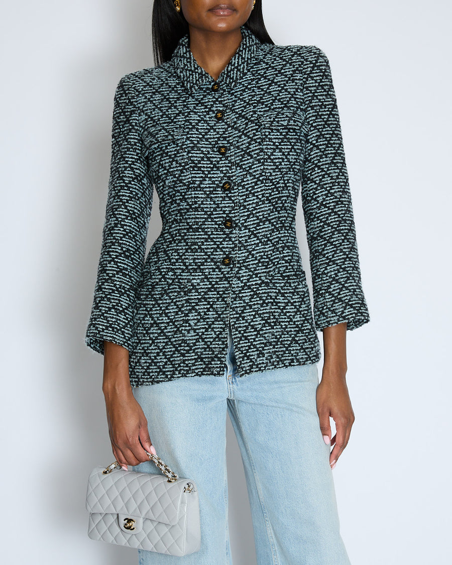 Chanel 95/A Black and Pastel Blue Wool Jacket with CC Button Detail Size FR 38 (UK 10)