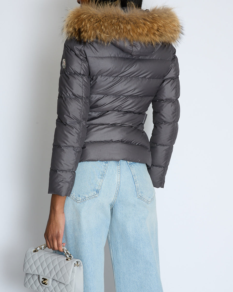 Moncler Grey Puffer Coat with Raccoon Detachable Hood Size 0 (UK 6)