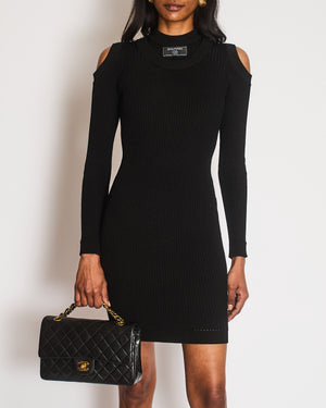 Balmain Couture Black Ribbed Long Sleeve Midi Dress with Shoulder Cut Out Detail Size FR 34 (UK 6)