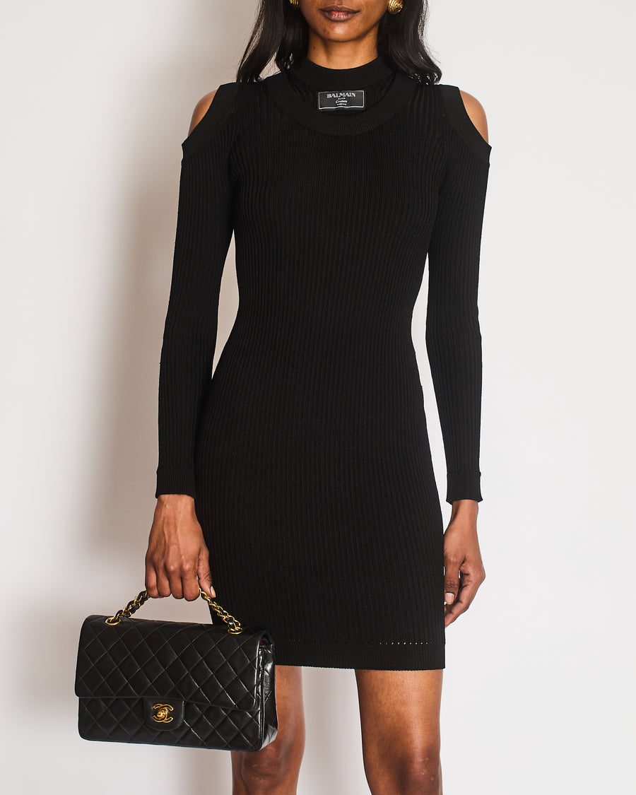 Balmain Couture Black Ribbed Long Sleeve Midi Dress with Shoulder Cut Out Detail Size FR 34 (UK 6)