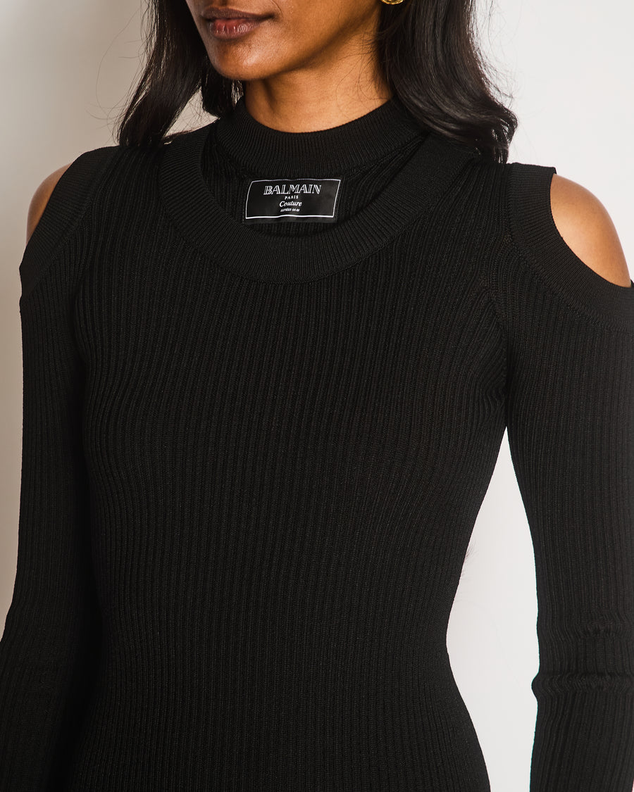 Balmain Couture Black Ribbed Long Sleeve Midi Dress with Shoulder Cut Out Detail Size FR 34 (UK 6)