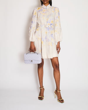 Zimmermann Lilac Floral Long Sleeve Mini Dress with Pearl Button Detail Size 0 (UK 8)
