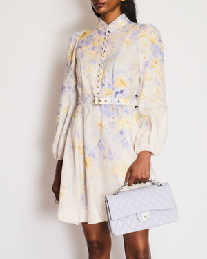 Zimmermann Lilac Floral Long Sleeve Mini Dress with Pearl Button Detail Size 0 (UK 8)
