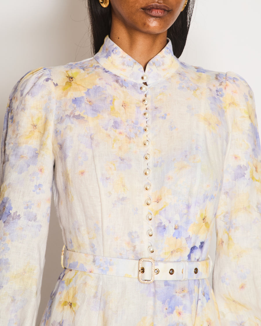 Zimmermann Lilac Floral Long Sleeve Mini Dress with Pearl Button Detail Size 0 (UK 8)