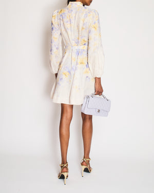 Zimmermann Lilac Floral Long Sleeve Mini Dress with Pearl Button Detail Size 0 (UK 8)