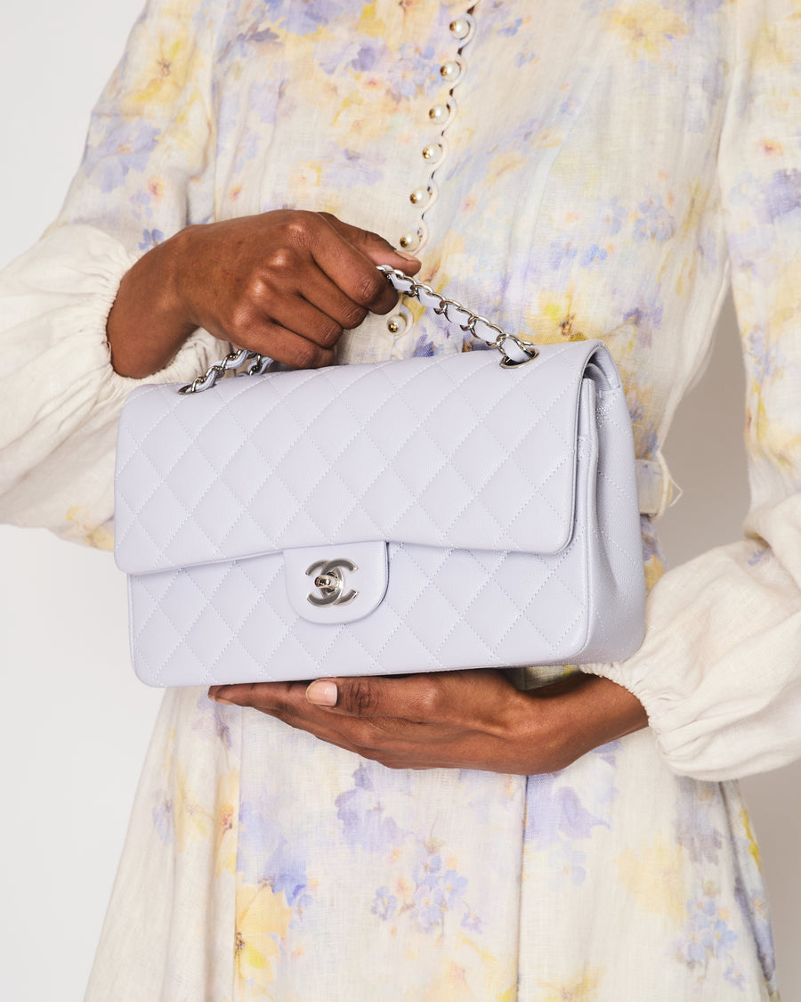 *RARE* Chanel Medium Classic Double Flap Bag in Pastel Lilac Caviar Leather with Silver Hardware