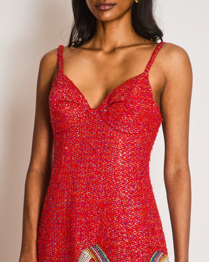 Area Red Tweed Mini Dress with Multicoloured Crystal Embellishments Size US 8 (UK 10)