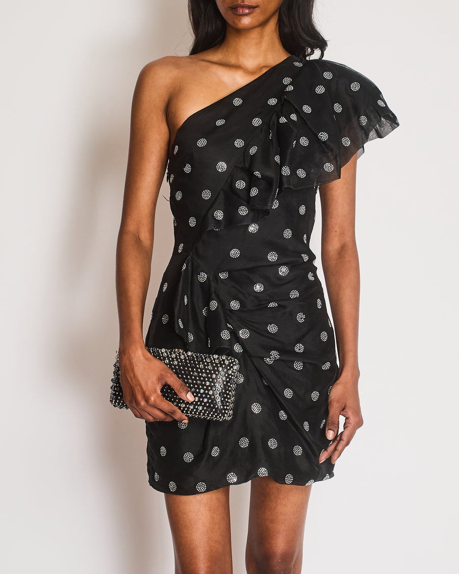 Alexandre Vauthier Polka Dot Black One-Shoulder Mini Dress with Embellishment Details Size IT 38 (UK 6)