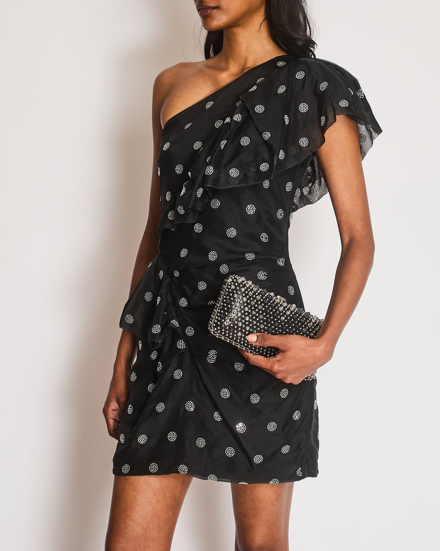 Alexandre Vauthier Polka Dot Black One-Shoulder Mini Dress with Embellishment Details Size IT 38 (UK 6)