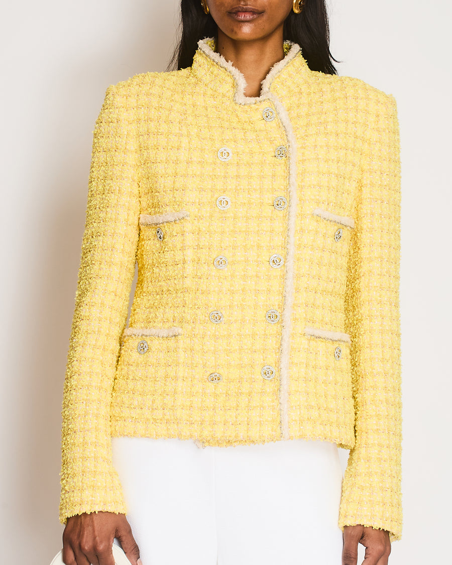 Chanel Spring 2020 Yellow Fantasy Tweed Jacket with Crystal CC Logo Buttons Size FR 38 (UK 10)