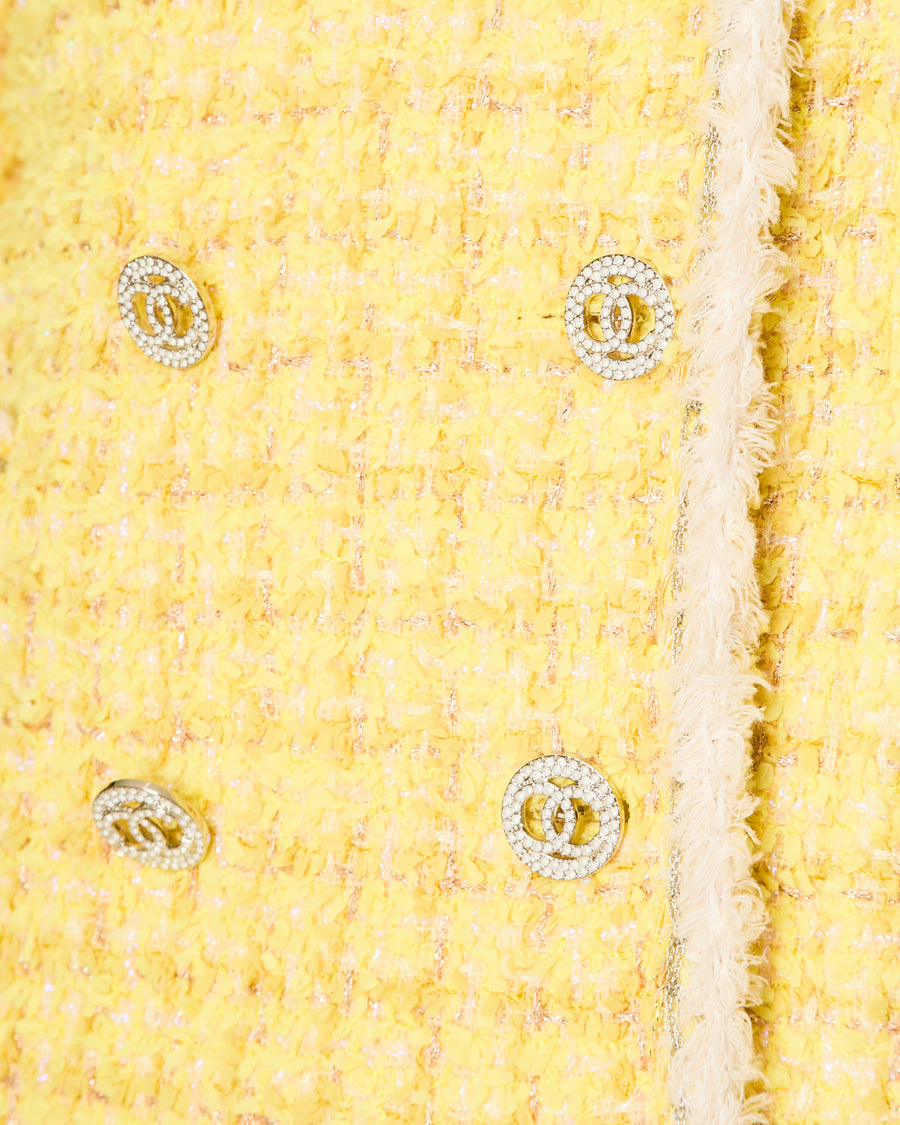 Chanel Spring 2020 Yellow Fantasy Tweed Jacket with Crystal CC Logo Buttons Size FR 38 (UK 10)