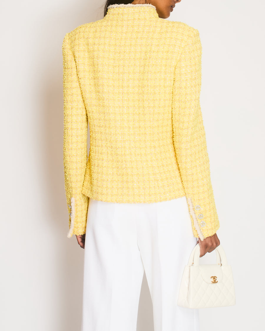 Chanel Spring 2020 Yellow Fantasy Tweed Jacket with Crystal CC Logo Buttons Size FR 38 (UK 10)