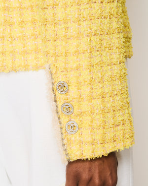 Chanel Spring 2020 Yellow Fantasy Tweed Jacket with Crystal CC Logo Buttons Size FR 38 (UK 10)