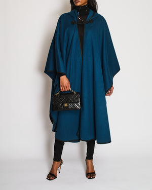 *VINTAGE* YSL Teal Wool Cape with Hood and Toggle Fastening Size O/S