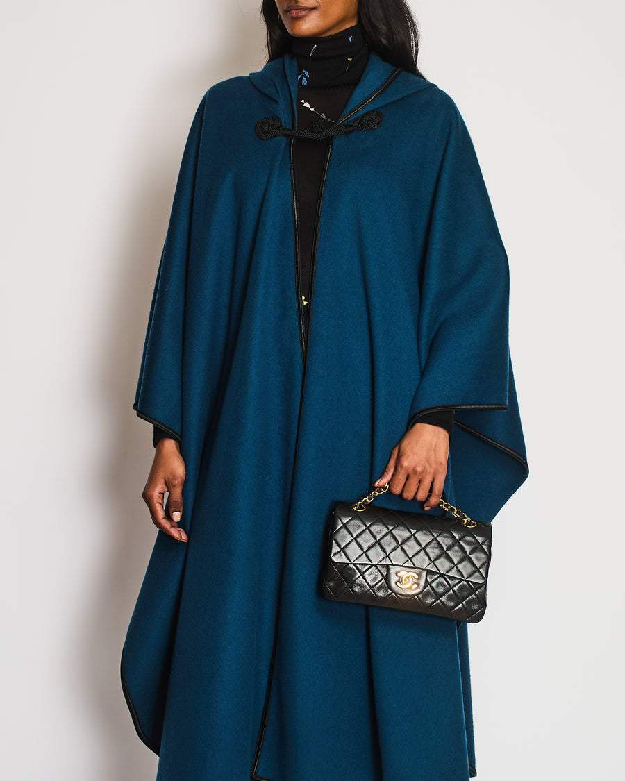 *VINTAGE* YSL Teal Wool Cape with Hood and Toggle Fastening Size O/S