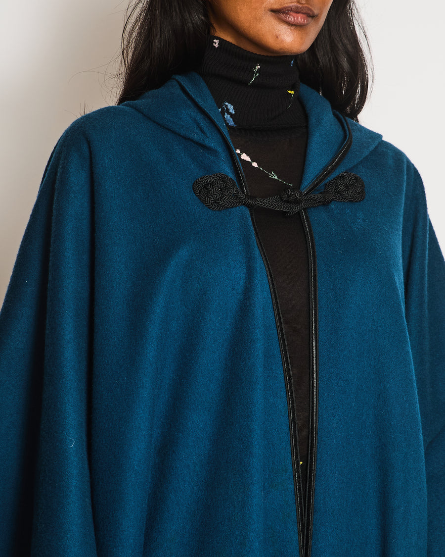 *VINTAGE* YSL Teal Wool Cape with Hood and Toggle Fastening Size O/S