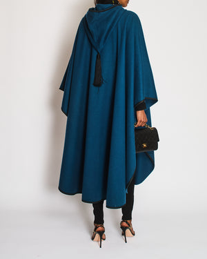 *VINTAGE* YSL Teal Wool Cape with Hood and Toggle Fastening Size O/S
