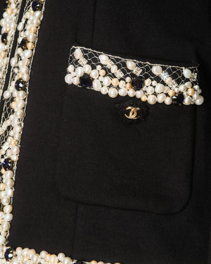 Chanel 20 Pre-Fall Black Jacket with Stones and Pearl Embellished Collar and Cuff Detail with CC Buttons Size FR 40 (UK 12)