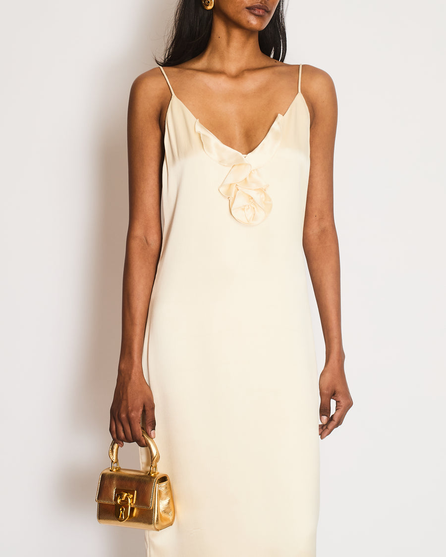 Magda Butrym Cream Ruched Dress with Floral Appliqué Detail Size UK 8