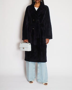 Yves Salomon Navy Shearling Maxi Coat with Leather Lining and Matching Shearling Belt FR 38 (UK 10)