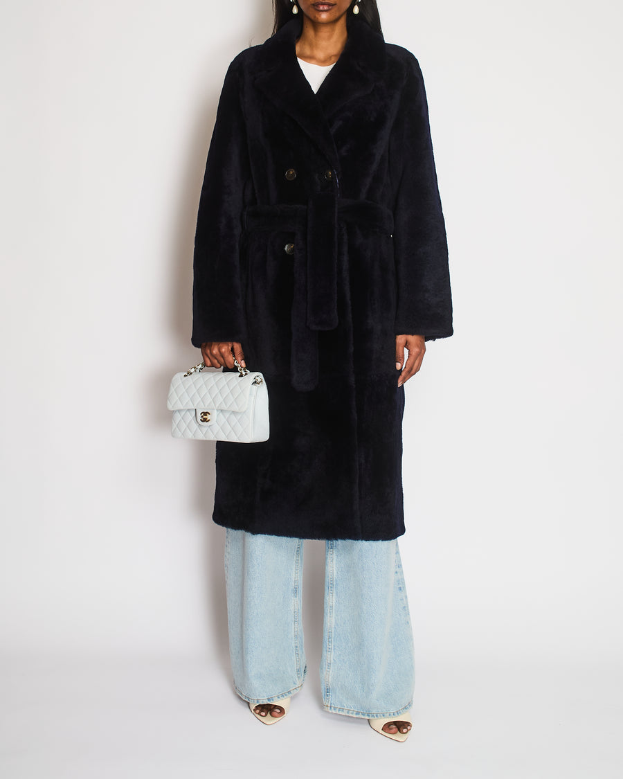 Yves Salomon Navy Shearling Maxi Coat with Leather Lining and Matching Shearling Belt FR 38 (UK 10)