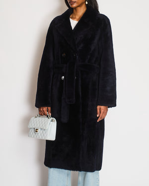 Yves Salomon Navy Shearling Maxi Coat with Leather Lining and Matching Shearling Belt FR 38 (UK 10)