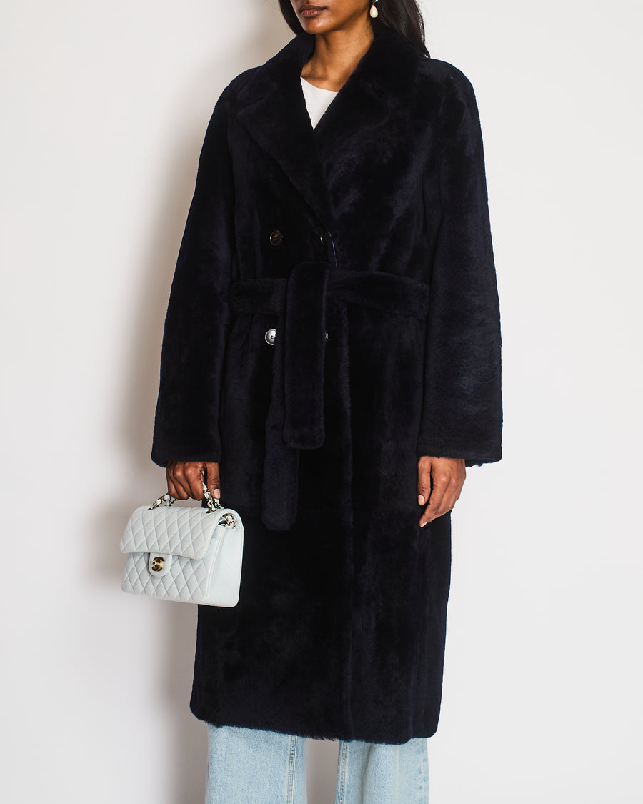 Yves Salomon Navy Shearling Maxi Coat with Leather Lining and Matching Shearling Belt FR 38 (UK 10)