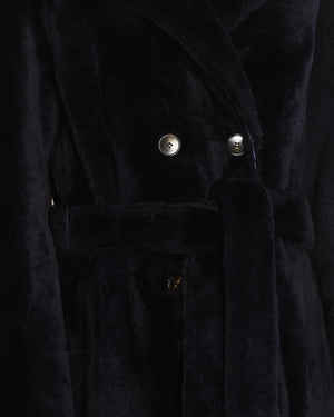 Yves Salomon Navy Shearling Maxi Coat with Leather Lining and Matching Shearling Belt FR 38 (UK 10)