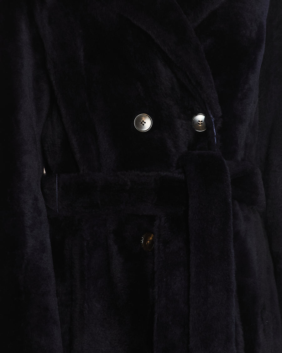 Yves Salomon Navy Shearling Maxi Coat with Leather Lining and Matching Shearling Belt FR 38 (UK 10)
