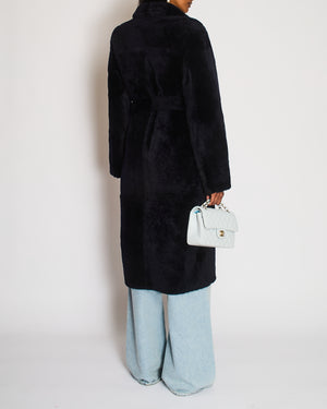 Yves Salomon Navy Shearling Maxi Coat with Leather Lining and Matching Shearling Belt FR 38 (UK 10)