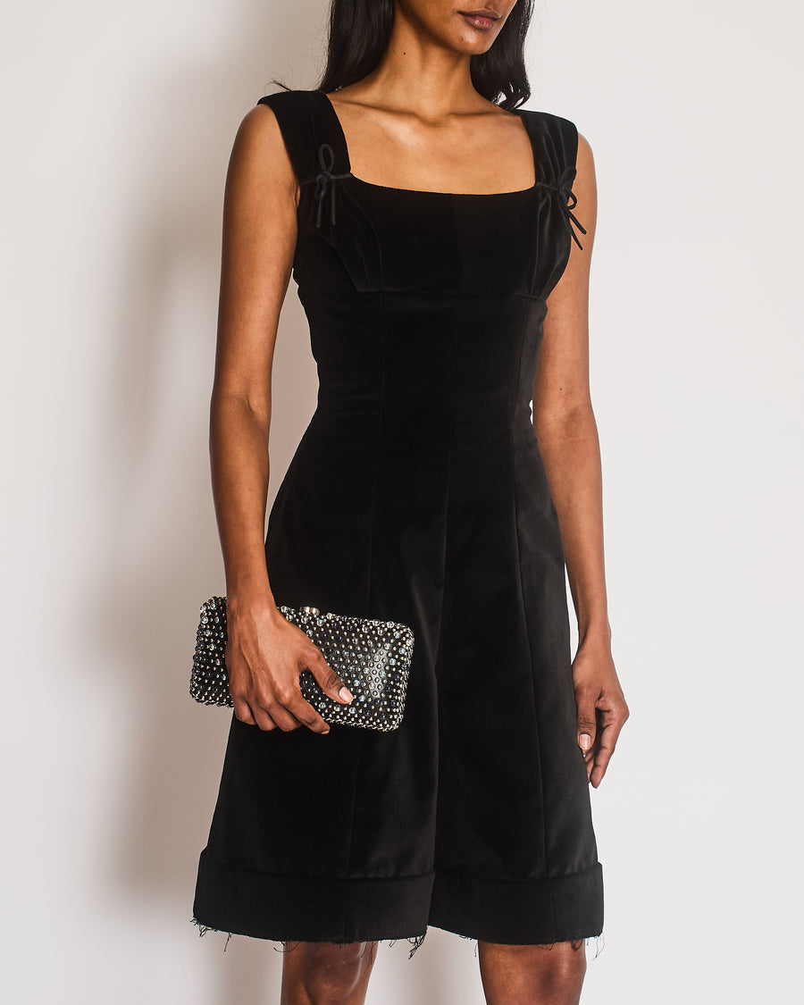 Maison Margiela Black Velours Sleeveless Playsuit with Bow Details and Frayed Hems Size FR 38 (UK 10)