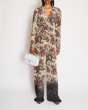 Etro Multi-Colour Silk Paisley Print Long-Sleeved Jumpsuit wit V-Neck Detail Size IT 42 (UK 10)