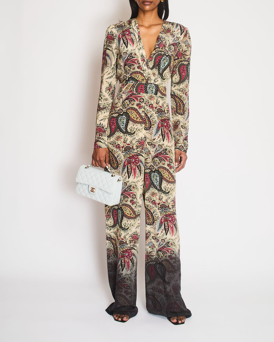 Etro Multi-Colour Silk Paisley Print Long-Sleeved Jumpsuit wit V-Neck Detail Size IT 42 (UK 10)