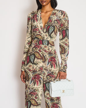 Etro Multi-Colour Silk Paisley Print Long-Sleeved Jumpsuit wit V-Neck Detail Size IT 42 (UK 10)