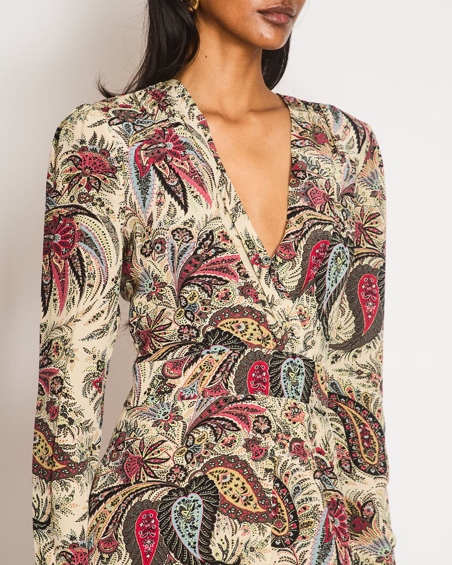 Etro Multi-Colour Silk Paisley Print Long-Sleeved Jumpsuit wit V-Neck Detail Size IT 42 (UK 10)
