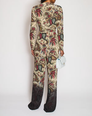 Etro Multi-Colour Silk Paisley Print Long-Sleeved Jumpsuit wit V-Neck Detail Size IT 42 (UK 10)