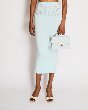 Alaïa Light Blue Perforated Technical Midi Skirt with Back Slit Detail Size FR 38 (UK 10)